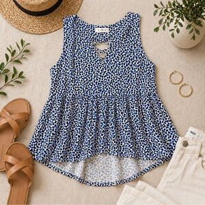 THML Blue and White Leopard Print Peplum Tank Top